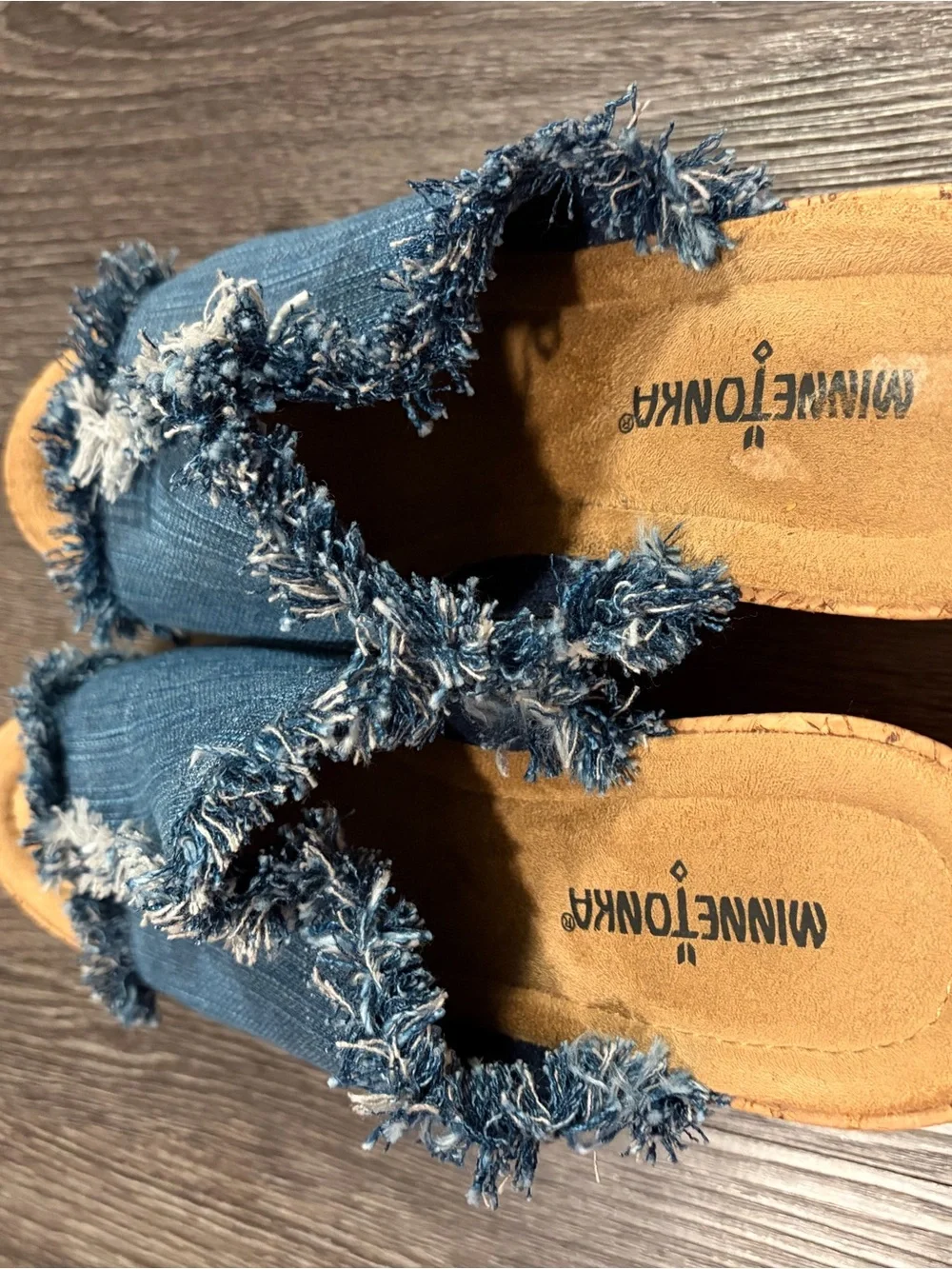 Minnetonka Blue Denim Frayed Cork Wedge Slides
